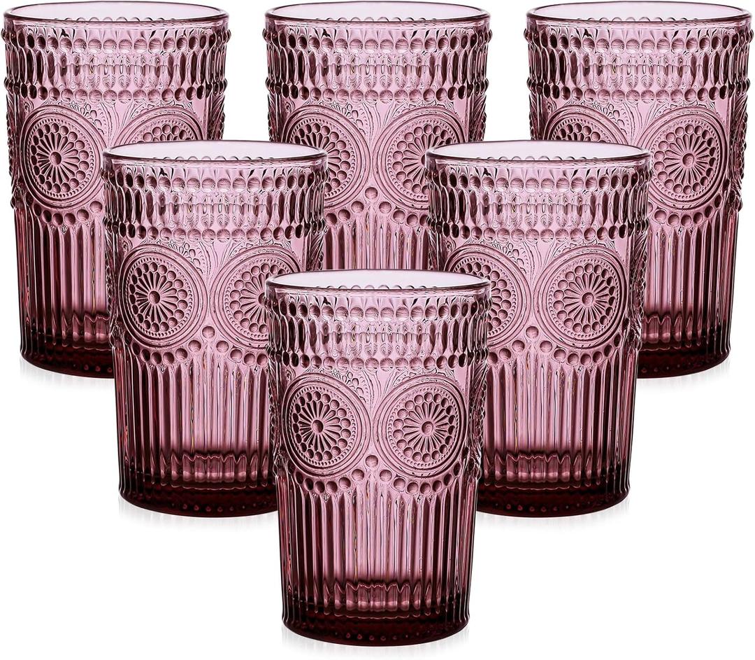 Vintage Glassware Drinking Glasses Set of 6,13 oz Purple Textured Flower Design Glass Water TumblersEmbossed Striped Drinkware for Water,Cocktails,Juice,Iced Coffee