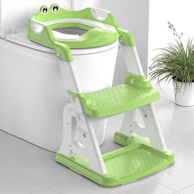 Potty Training Seat, Upgrade 2 in 1 Potty Training Toilet for Toddler, Toddler Toilet Seat for Boys Girls with Support Bar, AntiSlip Pad and Step Stool (Green)