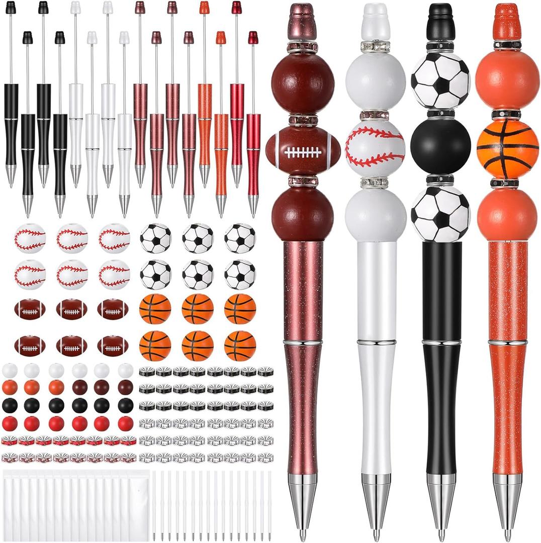 Colarr 16 Set Plastic Sports Ball Beadable Pens Assorted Basketball Football Baseball Rugby Bead Ballpoint Pens DIY Bead Making Kit with Black Refills and Bag for Students Gifts School Office Supplies