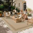 6x9 Scalloped Rug Easy Jute Washable Outdoor Patio Rug for Living Room | Non-Slip Indoor Outdoor Rugs Tan Geometric Neutral Carpet for Backyard Patio Dining Room Living Room