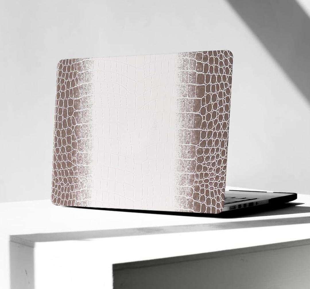 KEROM Compatible for MacBook Air 13 inch Case 2026 M5, 2022-2025 M4/M3/M2 A3449 A3240 A3113 A2681, Textured Luxury Crocodile Aligator Skin Snakeskin PU Leather Hardshell & Keyboard Cover, Brown White