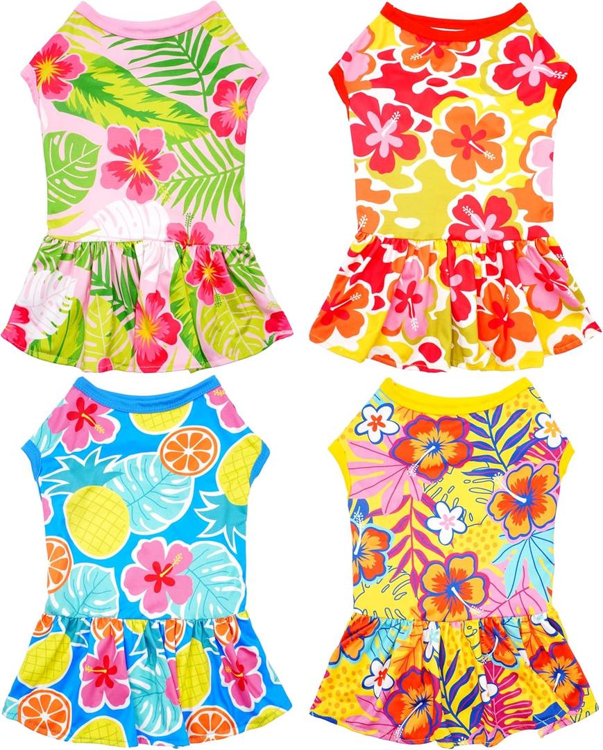 4PCS/Pack Hawaiian Dog Dresses for Small Dogs Girl Female Pink Yellow Red Blue Puppies Doggies Kittens Skirts Summer Sundress Pineapple Flower Pattern Soft for Holiday Party Beach Small