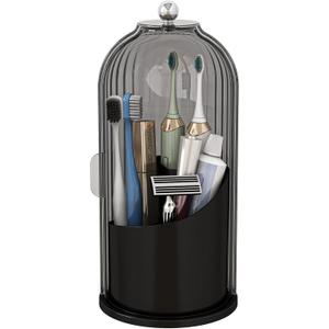 Dustproof Toothbrush Holders with Cover, Rotating Electric Toothbrush and Toothpaste Holder for Bathroom Countertop, 3 Slots Makeup Brushes Organizer, Grey Black