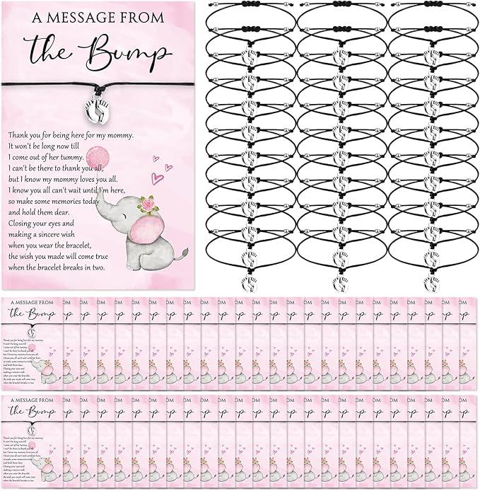 Thyle 50 Set Pink Elephant Baby Shower Favors for Guests Adjustable Bracelets with Message from the Bump Card Footprints Charm Baby Shower Bracelets for Gender Reveal Thank You Gifts