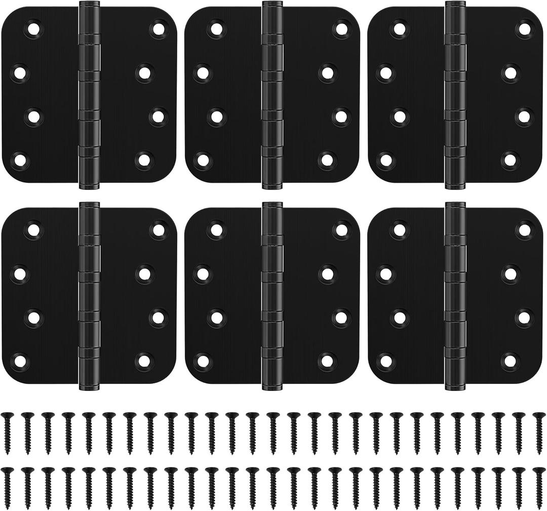 KOLET Ball Bearing Door Hinges, 4 x 4 Inches Black Door Hinges, Heavy Duty Stainless Steel Hinges, 5/8'' Radius Corner, Smooth and Quiet, Non Removable Pin, Matte Black, 6 Pack