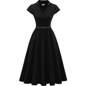 Wedtrend 1950's Vintage Dresses for Women Cocktail Dress with Belt Modest Church Dress Wedding Guest Dresses with Pockets (Black, M)