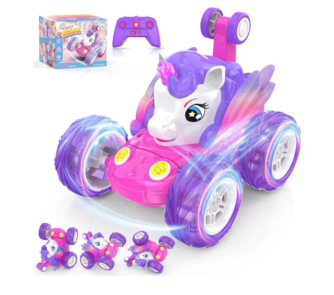 Remote Control Car for Girls 3 4 5 6 7 8 9 Years Old, Unicorn Gift RC Stunt Car with Colourful Lights Kids Toy Birthday Xmas Stocking Filler Outdoor Game Monster Truck Pink