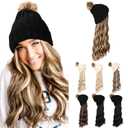 HOOJIH Knitted Beanie Wig, Hat Hair Extension Long Wavy Curly Black Hat Wig with Faux Fur Pom Hat Attached 18 Inch Synthetic Hairpiece for Women Girls Winter - Light Brown with Medium Golden Blonde (One Size)