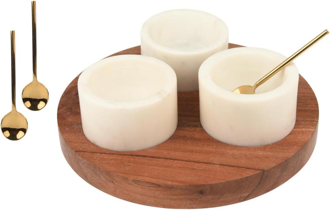 Cruiser’s Caché 3 Piece White Marble Salt Cellars with Tray and Gold Spoons