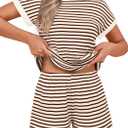 Ekouaer 2 Piece Sets for Women Summer Outfits Cute Stripe Knit T Shirts Shorts Matching Lounge Set (Brown, XXL)