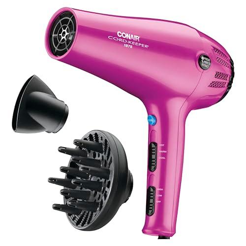 Conair Hair Dryer with Retractable Cord, 1875W Blow Dryer, 3 Heat Settings, 2 Speeds, Blow Dryer with Diffuser and Concentrator Attachments, Ionic + Tourmaline Technology, Pink