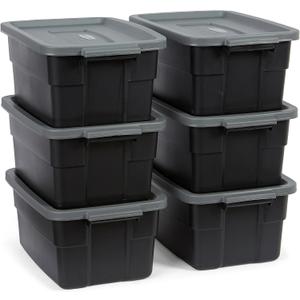 Rubbermaid 6-Pack Heavy Duty Durable 3 GAL Totes for Storage with Snap Lids and Handles, Plastic Storage Bins Stackable Black Gray for Home and Garage (3 GAL - 6 Pack Solid Black and Grey)