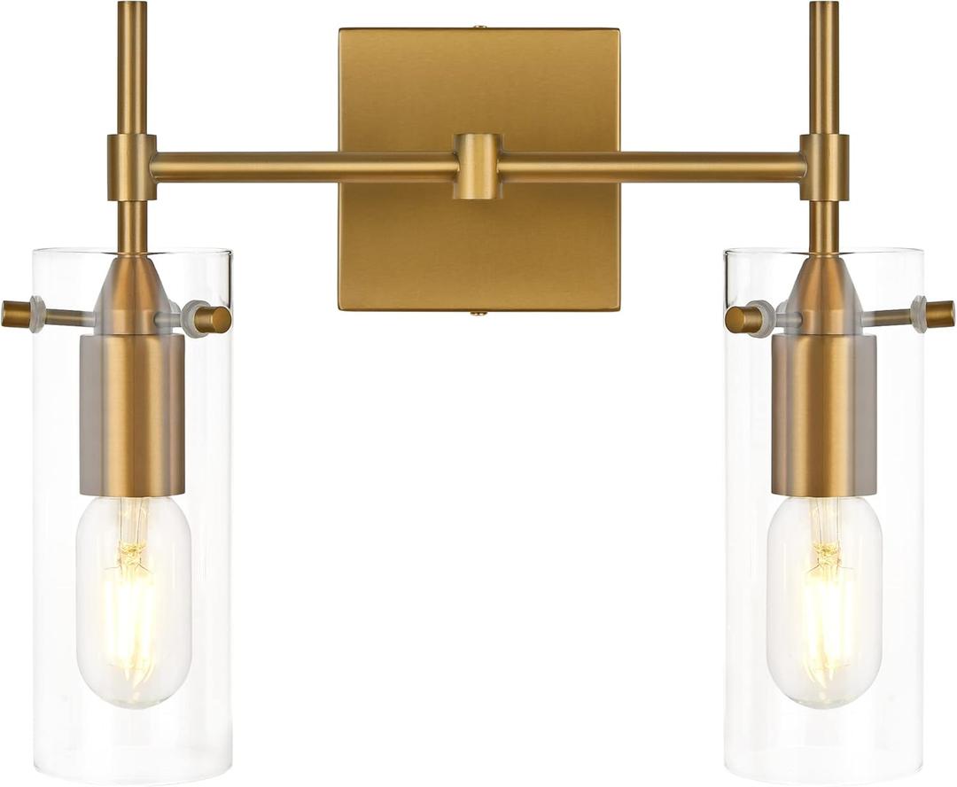 Dark Brass Bathroom Vanity Lights 2 Lights Glass Modern Antique Brass Over Mirror Lights Mid Century Brushed Brass Wall Sconces Light for Bathroom, Living Room, Bedroom, Entryway, Hallway