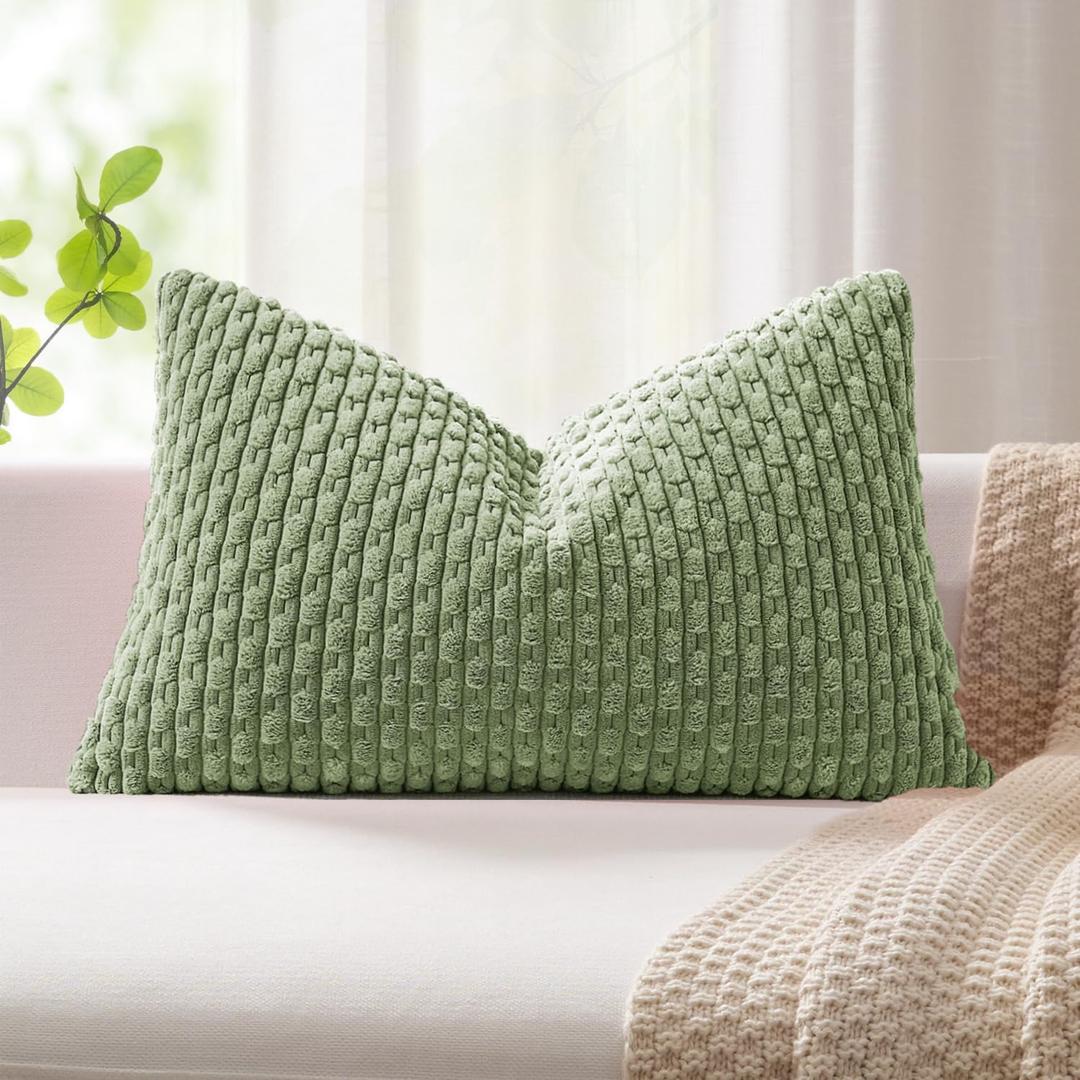 Kevin Textile Spring 14x22 Inch Pillow Cover 1 Pack Boho Decorative Soft Striped Corduroy Lumbar Farmhouse Solid Color Accent Rectangle Cushion Case for Living Room Couch Sofa Bed, Sage Green