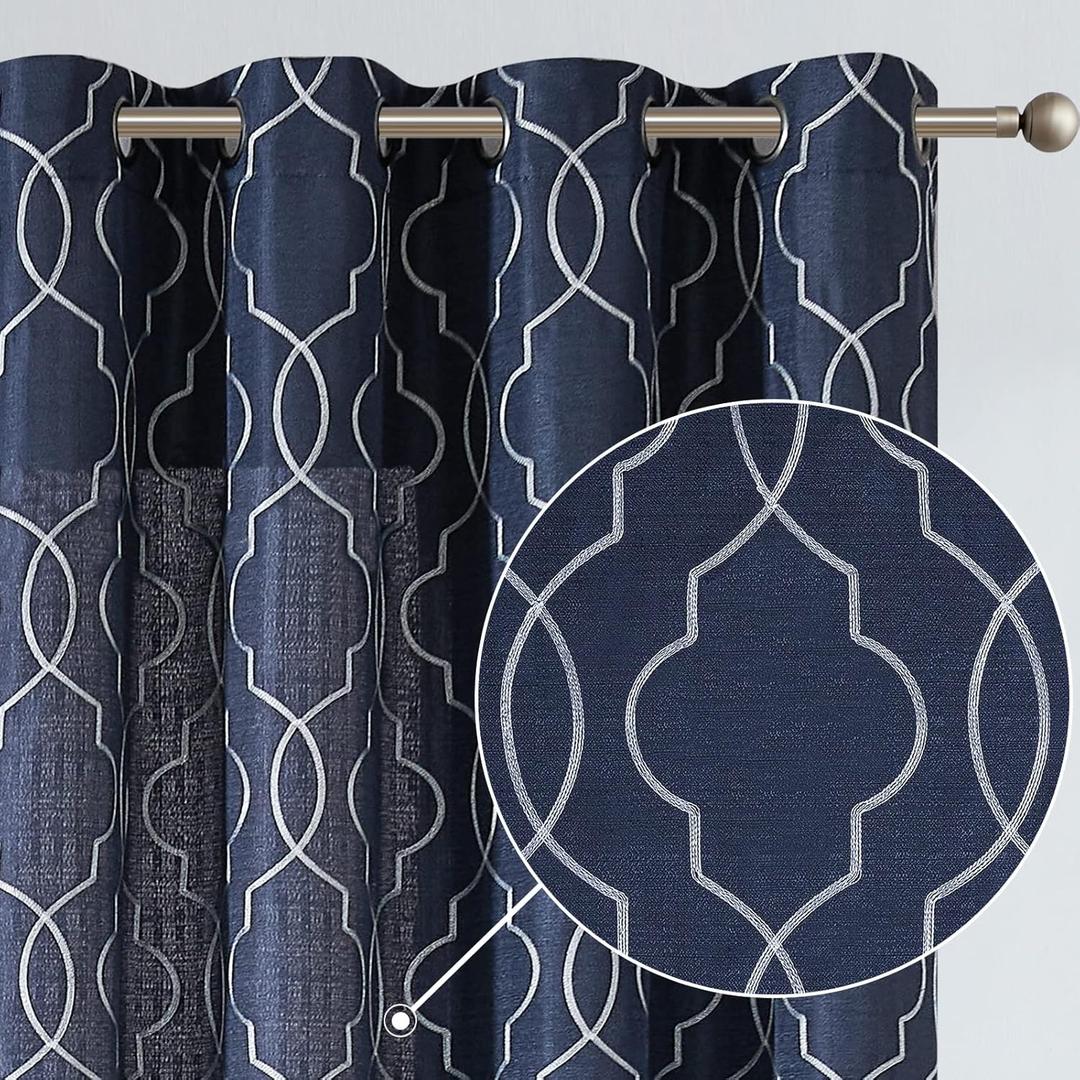 jinchan Curtains Navy Blue Drapes Living Room Curtain Embroidered Window Treatment Bedroom 84 inch Trellis Pattern Window Drapes Ring Top Casual Weave Linen Textured Grommet Curtain Set 1 Pair