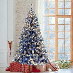 6FT Pre-Lit Hinged Artificial Holiday Christmas Pine Tree with 750 Branch Tips, Christmas Tree with Metal Hinges & Foldable Base for Home, Office, Party Decoration