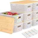 8 Packs Plastic Storage Bins with Bamboo Lids - Stackable Storage Bins Decorative Small Basket Containers for Organizing Shelves Office Classroom Desktop Closet, Cream White
