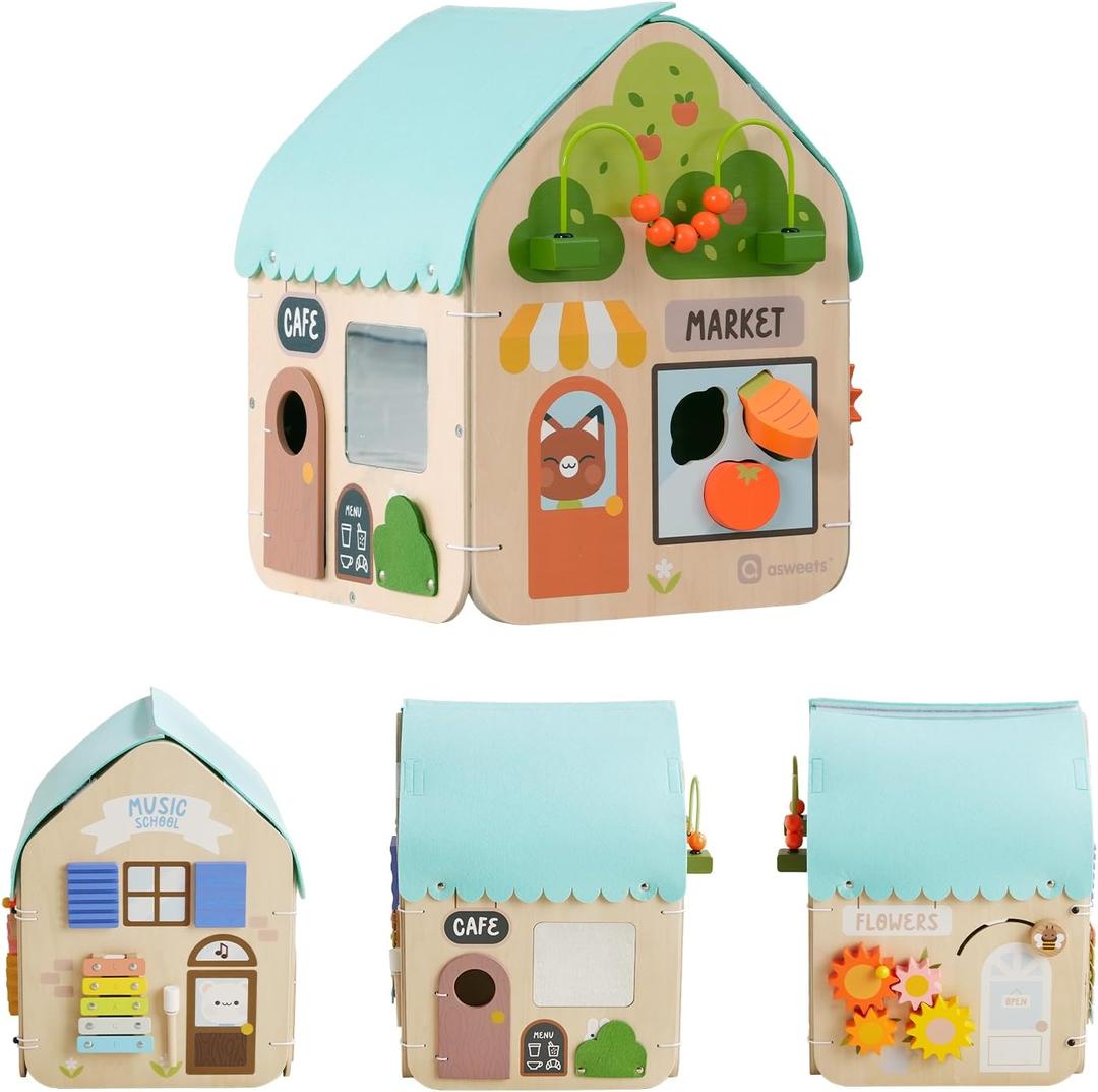 Asweets Montessori Wooden Busy House - Busy Board Toy for Toddlers, Pre-School Education and Learning Sensory Game Toys, Large Gifts for Babys, Boys, Girls
