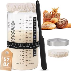 57oz Sourdough Starter Jar Kit, Extra Large Capacity Sourdough Jar, Wide Mouth Sourdough Bread Starter Kit for Perfect Sour Dough Bread, Aluminum Lid for 2 Storage Options, Glass Jar for Baker (Black)