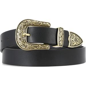 WHIPPY Western Belts for Women - Vintage Western Design Ladies Cowgirl Waist Belt for Pants Jeans Dresses, 5-black Gold Buckle, S: Fit Waist Size 26-30"