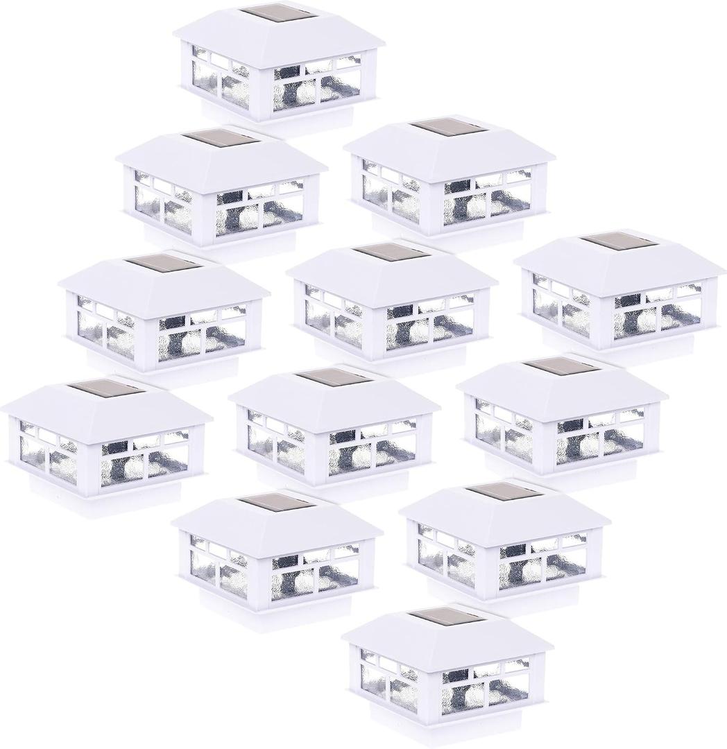 GreenLighting Modern Solar Post Cap Lights Fits 4x4 Wood, 5x5 PCV/Vinyl Outdoor Solar Powered Fence Light, Landscaping, Deck, Garden- Bright LED, Waterproof White 12 Pack