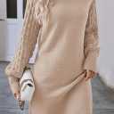 Sovoyontee Women's 2025 Fall Long Sleeve Mock Neck Sweater Dress Casual Loose Ribbed Knit Mini Short Pullover Dresses (Beige, S)