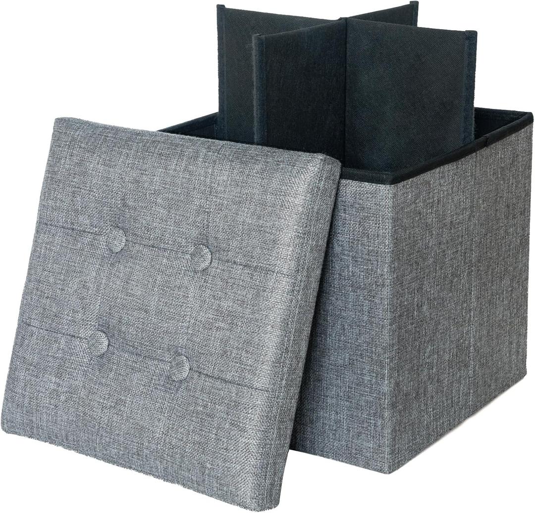 Linen Folding Storage Ottoman - Foot Rest Stool with Cross Divider Foldable Coffee Table for Living Room, Bedroom, 15 x 15 x 15 inches (Grey)