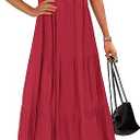 KIRUNDO Summer Maxi Dresses for Women 2025 Spring Fashion Short Sleeve Button V Neck Pleated Loose Tiered Swing Flowy Dress, Red M, 