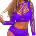 Women's Mesh Lingerie Fishnet Babydoll Mini Dress Bodysuit See Through Shirts Long Sleeves Lingerie Bodysuit Cover Up (Purple)
