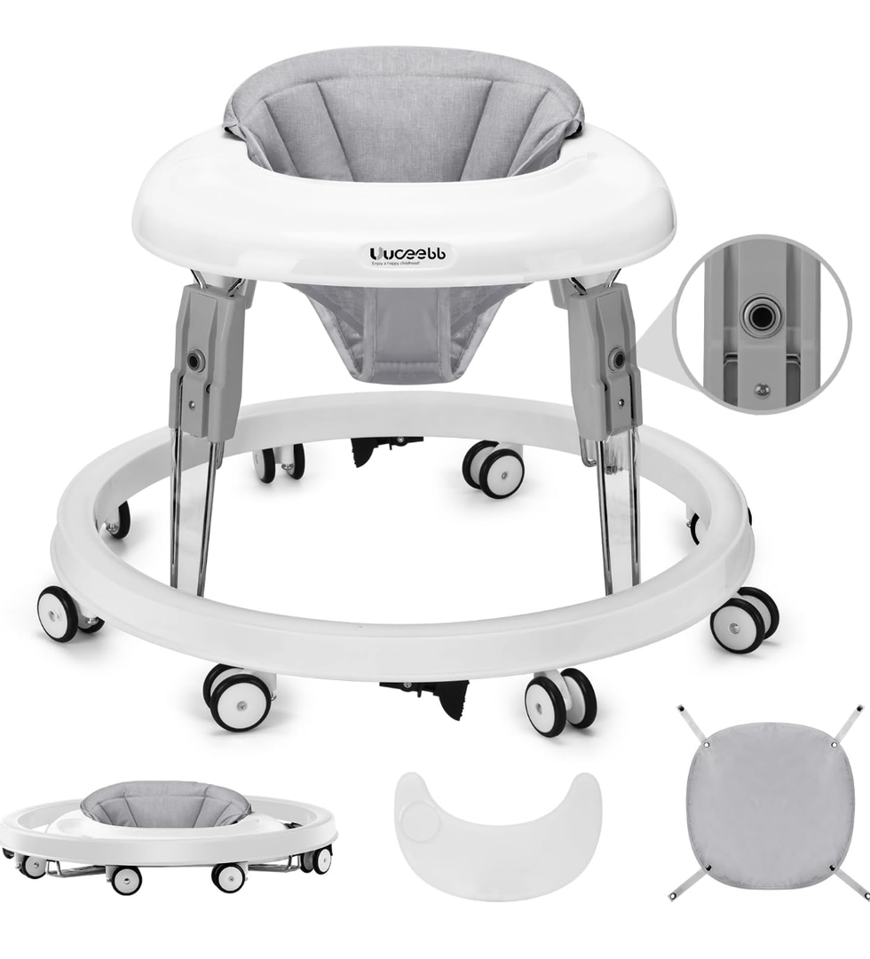 Uuoeebb Baby Walker with Wheels, One-Touch Folding Anti-Roll 8-Wheel Baby Walkers, 7-Speed Height Adjustment with Large Dinner Plate and Brake 6-18 Months Baby Walker, White