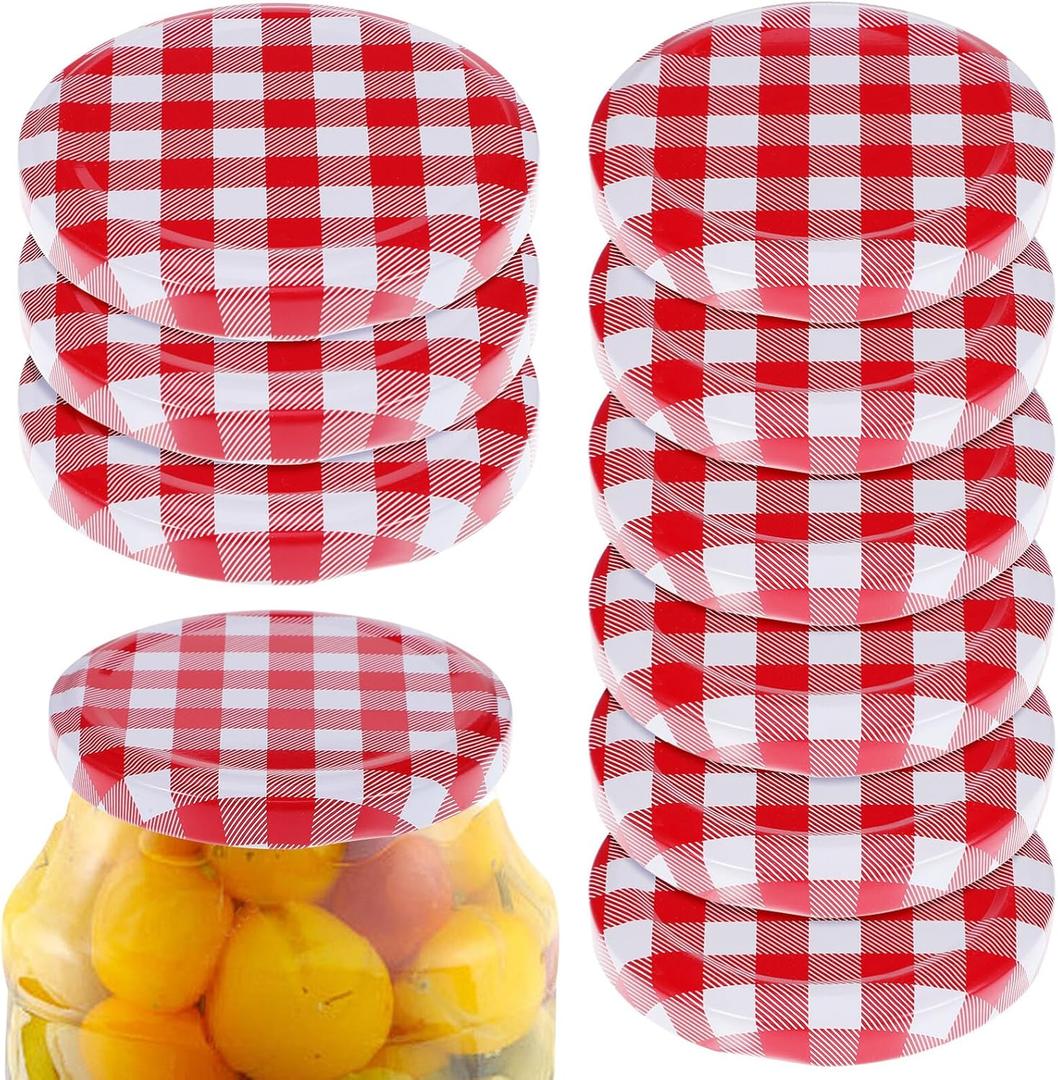 Luxshiny Wide Mouth Jar Lids 12-Pack Red Plaid Aluminum Canning Lids 2.75 Inch Diameter for Mason Jar Sealing and Drinking Lid Replacement