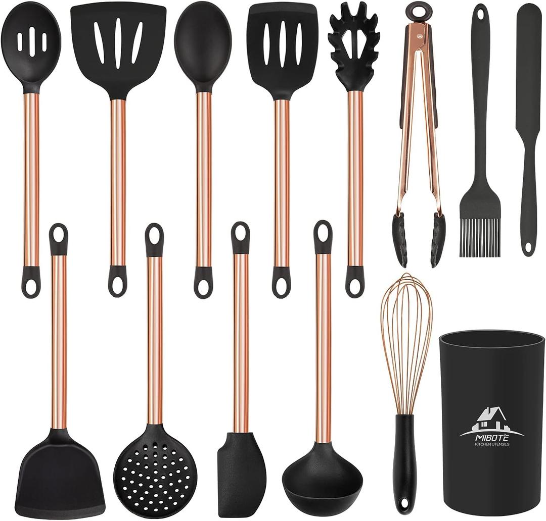 Silicone Cooking Utensil Set,14 Pcs Kitchen Utensils Set With Holder Non-Stick Heat Resistant Cookware Cooking Turner Tongs Spatula Spoon With Stainless Steel Handle (Gold Black) BPA Free, Non Toxi