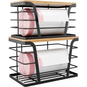TIDIIABODE 2 Pack Stackable Storage Laundry Kitchen Organizers, Wall Mount Trash Bag Holder with Bamboo Top and Garbage Bag Dispenser No Drill, 2-Pack-L&S-Black