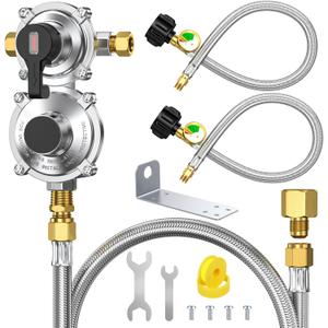 RV Propane Regulator 2 Tank 18" Hoses with 48" Stainless Braided Extension Hoses, 2-Stage Manual Changeover LP Propane Gas Regulator with Gauge for RVs Vans Trailers Campers