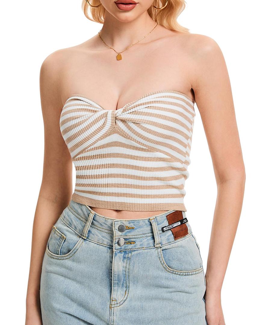 Molirex Bandeau Tops for Women Striped Tube Top Twist Knot Off Shoulder Summer Sweater Strapless Sleeveless Crop Outfits Khaki X-Small (White, XS)