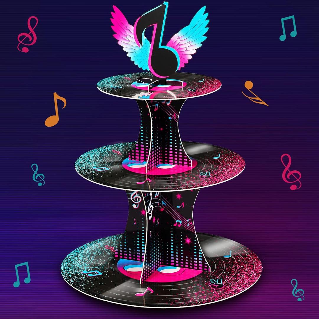 Censen 3 Tier Music Party Cupcake Stand Cardboard Music Birthday Party Cupcake Holder Musical Note Dessert Tower for Kids Music Theme Birthday Party Karaoke Baby Shower Supplies Decorations Supplies