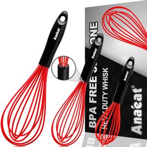 Anaeat Silicone Whisk, Thick Stainless Steel Wire Inner - Heat Resistant Kitchen Whisks for Non-Stick Cookware, Balloon Egg Beater for Whisking, Blending, Beating, Frothing & Stirring (Red) (9+11+12 inch, 3 Pcs Red)
