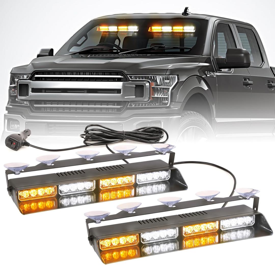 2 in 1 LED Emergency Dash Strobe Light Bar Front/Rear Windshield Safety Flashing Warning Hazard Interior Lights for Police Firefighter Construction Vehicles Trucks (2x14 inch, Amber/White)