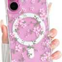 NITITOP Compatible with iPhone 16 Plus Case Cute Clear Magnetic Compatible with MagSafe Flowers Floral Plant Leaves for Women Girls Hard PC Back Shockproof Protective Phone Cover - Pink