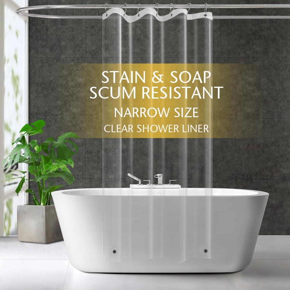 Narrow Size Clear Plastic Shower Curtain Liner, 42x72 Inch Thin Lightweight Transparent Plastic Bathroom Shower Showroom Inner Curtain with Rustproof Metal Grommet Holes and Weighted Magnets