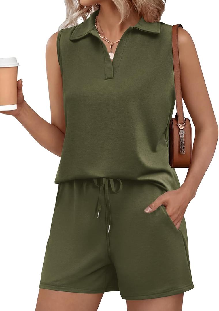 Glamaker Womens Two Piece Short Sets Summer V Neck Travel Outfits Sweatsuits Sleeveless Lounge Sets Tracksuit (Green, L)