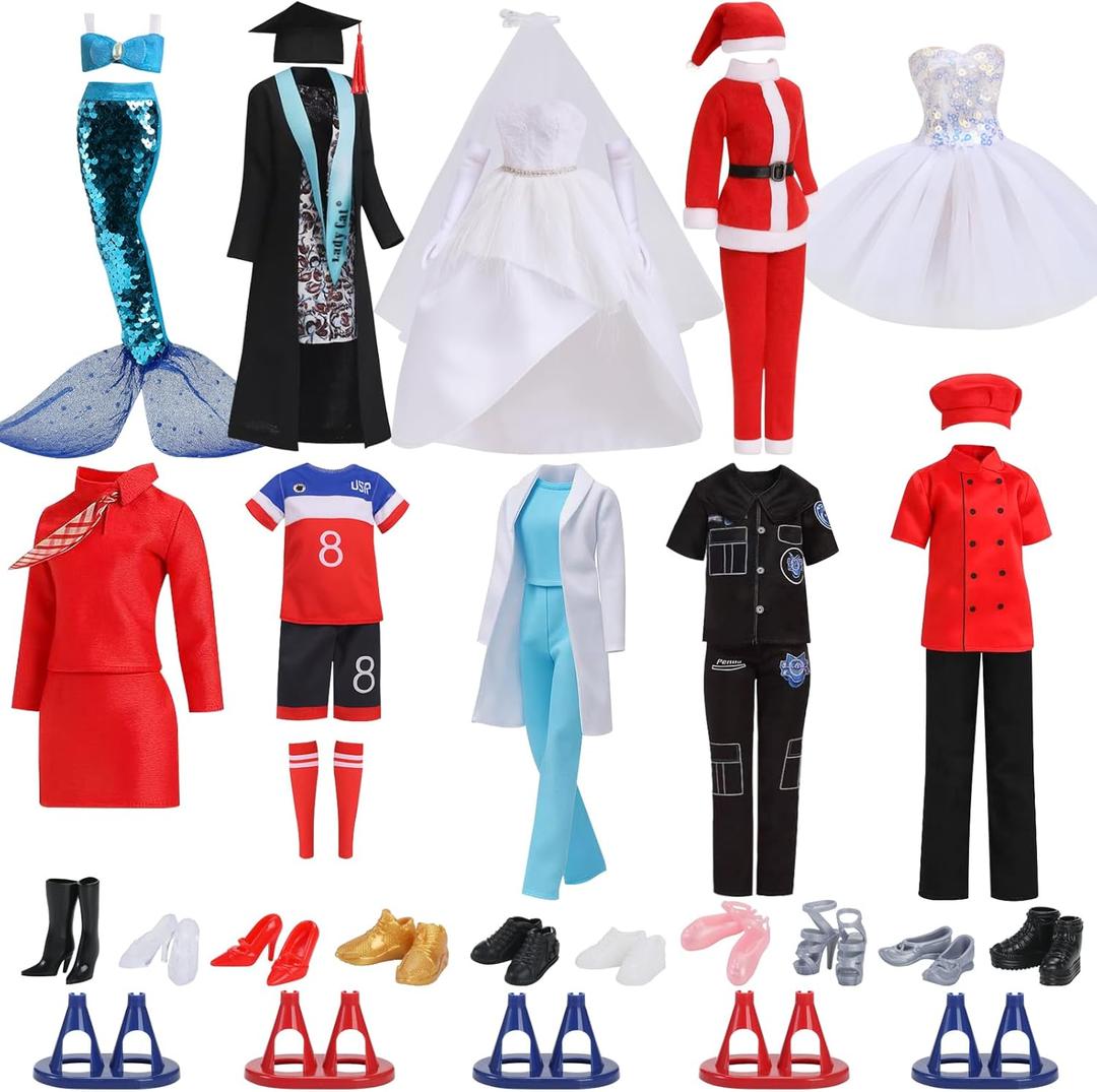 51 Pcs Themed Doll Clothes & Accessories  Educational Role Play Gift Set for Girls with 10 Outfits (Doctor, Bride, Mermaid, Santa, Chef etc.),10 Shoes, 5 Stands  Fits 11.5 Inch Dolls(No Doll)