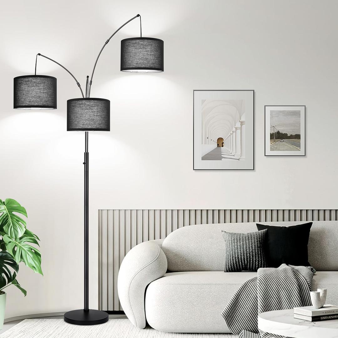 Dimmable Floor Lamp, 3 Light Arc Floor Lamp, Modern Tall Standing Tree Lamp with Black Shades & Heavy Base, 3000LM Cool White LED Bulbs, Bright Lighting for Living Room, Bedroom, Office & Reading