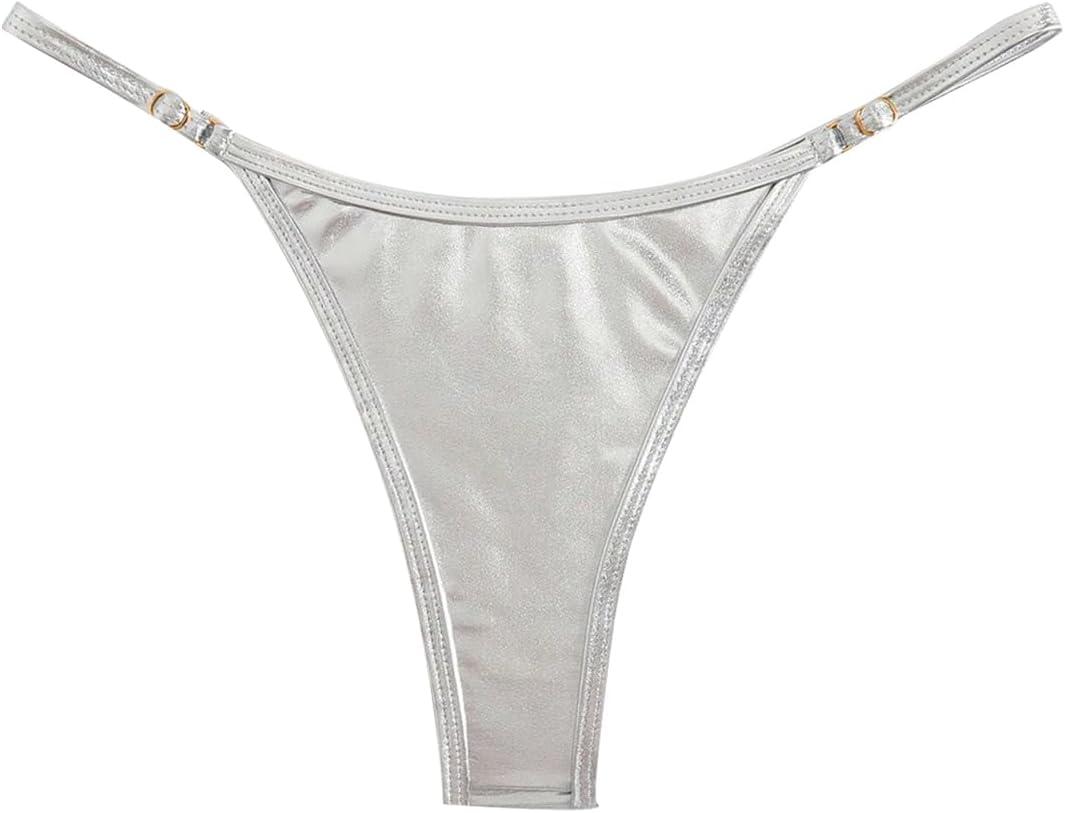 OYOANGLE Women's Metallic Thong Bikini Bottom Low Rise Cheeky Swim Bottoms Beachwear L