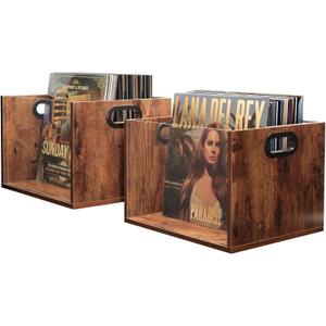 Vinyl Record Storage Crate 2 Pack, Holds up To 60 LPs, Album Visible Storage Box with Acrylic Front, Handle, Wooden Multi-Purpose Organizer for Records, Magazines and Books, Desktop and Home Office