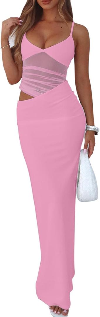 BORIFLORS Women's Sexy Bodycon V Neck Spaghetti Strap Maxi Dress Elegant Backless Cocktail Evening Party Long Formal Dresses (Pink) XS