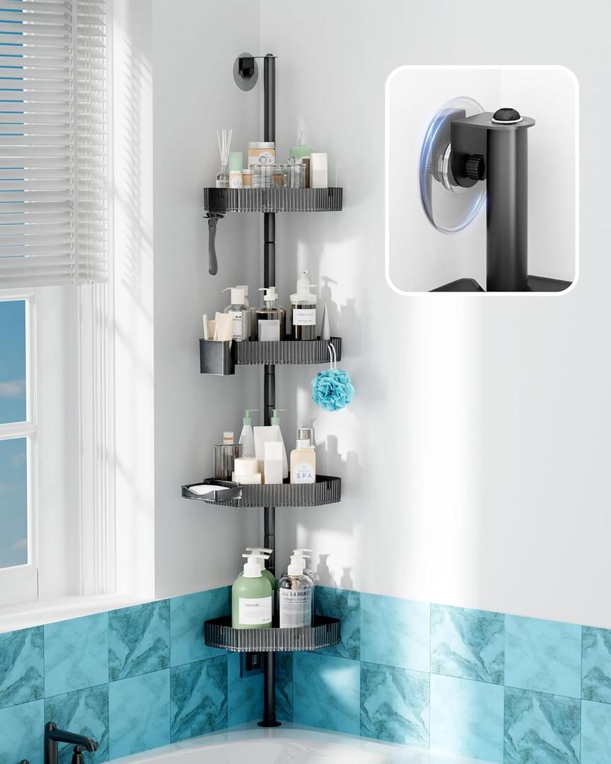UNEEDE 60in Corner Shower Caddy Pole for Bathroom Bathtub,4 Tier Adjustable Height Acrylic Storage Shelves, Floor Standing Bath Rack for Bathroom, Large Capacity Easy Installation Shower Organizer