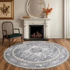 PURRUGS Vintage Farmhouse Boho Area Rug 6x6 ft, Non-Slip Machine Washable Round Rug, Accent Oriental Rug for Dining Room, Living Room, Bedroom, Entryway and Kitchen, Periwinkle Gray/Soft Ivory