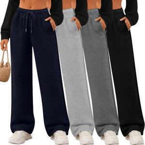 4 Pack Women's Wide Leg Sweatpants Drawstring Lounge Joggers for Women Straight Pants Elastic Waist with Pockets (Large, Navy Blue, Light Gray, Dark Gray, Black)