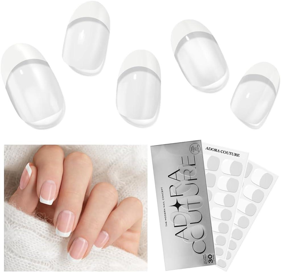 Semi Cured Gel Nail Strips with 30 Pieces–UV Gel Nail Stickers & Nail Wraps, Complete Manicure Kit Includes Prep Pads, Nail File and Wooden Stick, Easy Application, UV Light Required (White French 2B)